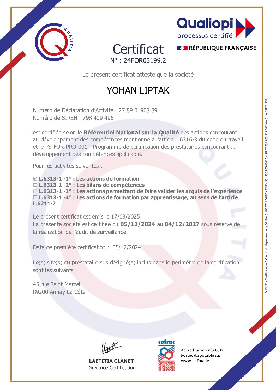24FOR03199.2 - Certificat de conformité Certificat Qualiopi